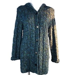 navy cable knit hooded button up swing coat